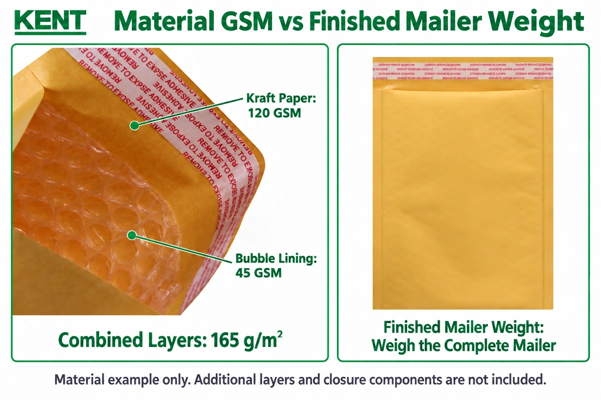 Kraft paper and bubble lining GSM compared with finished bubble mailer weight.webp