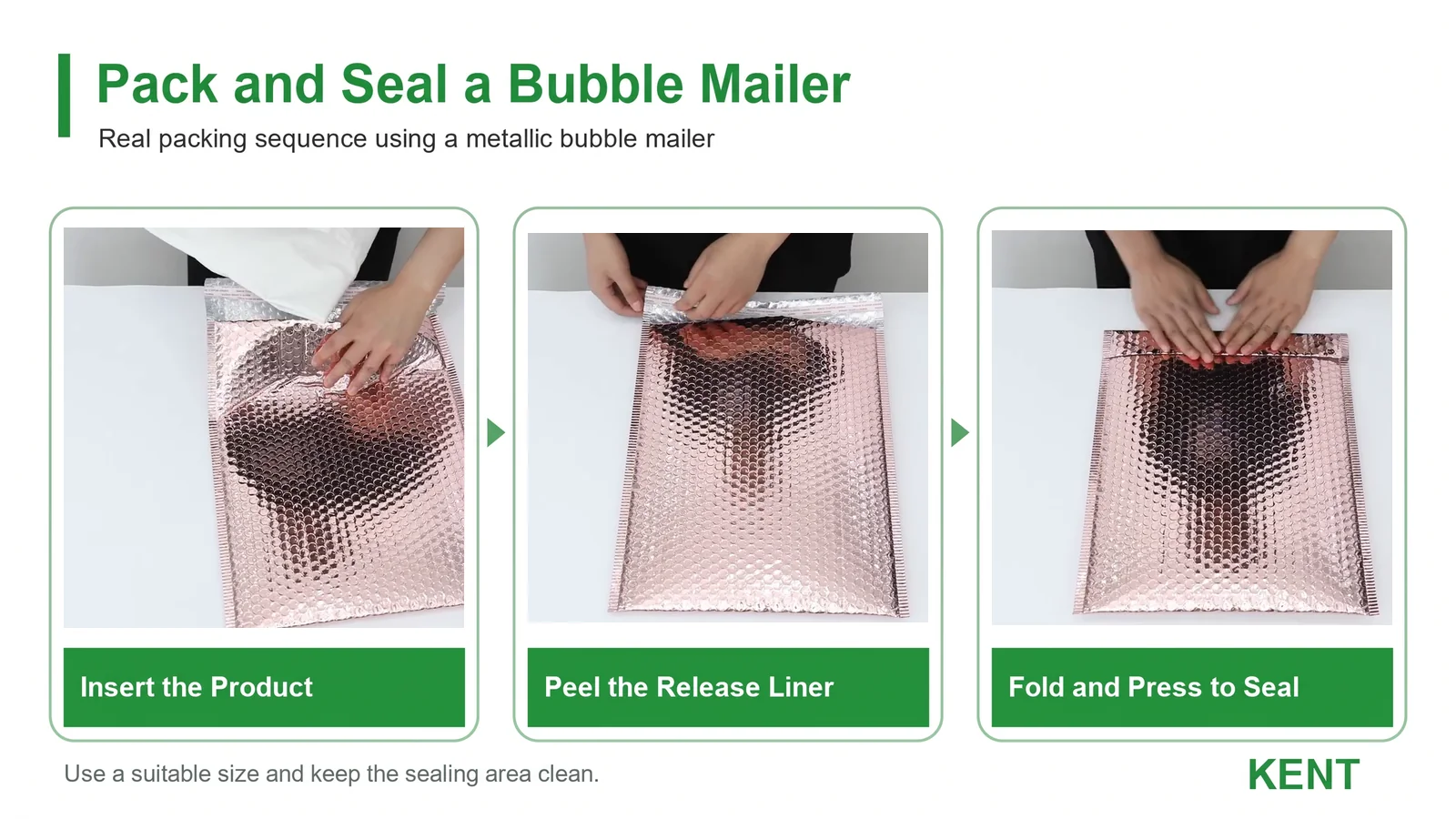 Inserting a product, peeling the liner and sealing a bubble mailer.webp