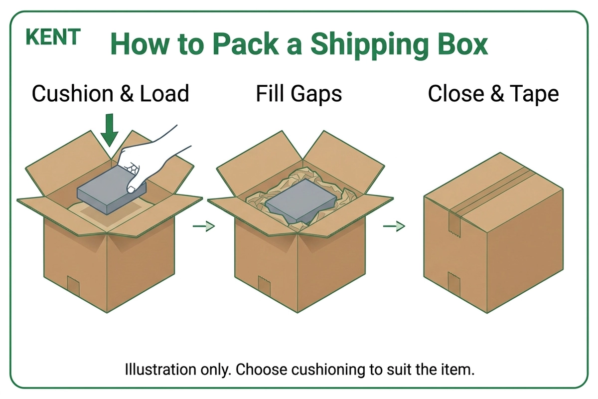 Illustration of cushioning and packing an item and sealing a shipping box.webp
