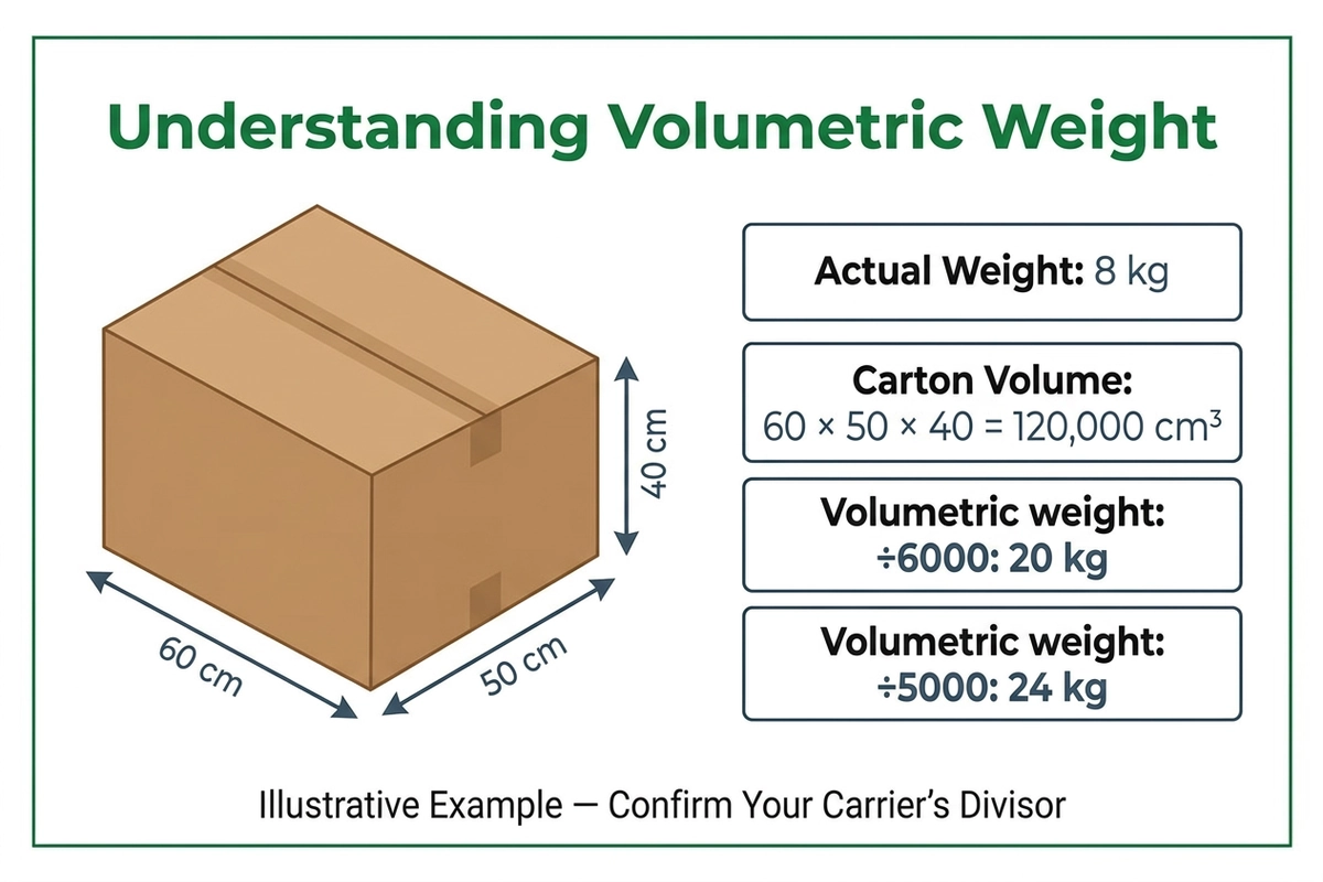 Carton dimensions illustrating volumetric weight calculations.webp