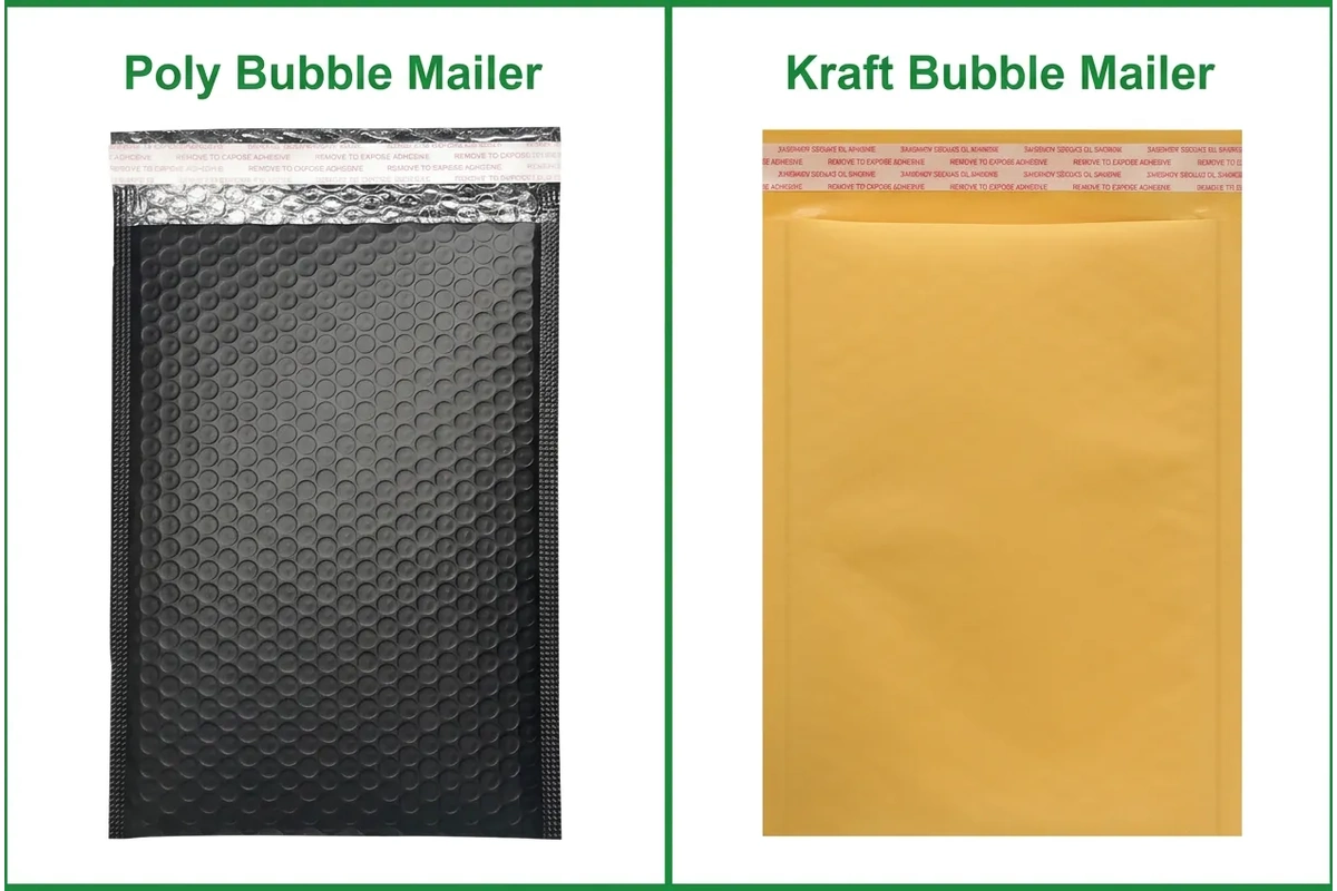 Black poly and yellow kraft bubble mailers displayed side by side.webp