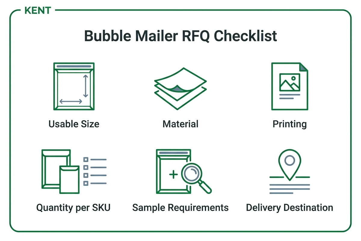 Bubble mailer RFQ checklist showing size, material, printing, quantity per SKU, sample requirements and delivery destination.webp