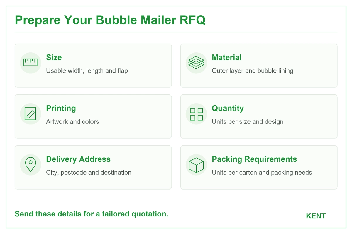Bubble mailer RFQ checklist covering size, material, printing, quantity, delivery address and packing.webp