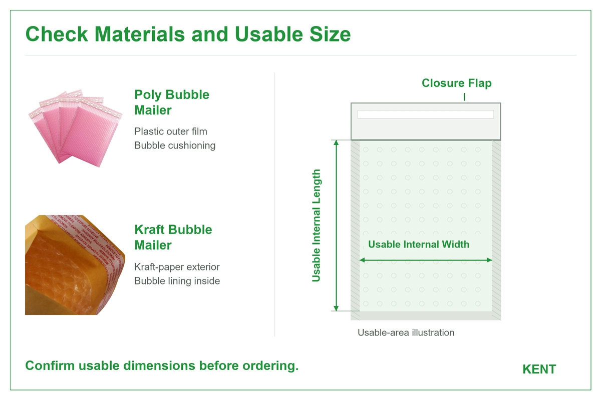 Poly and kraft bubble mailers with usable internal dimensions and closure flap labels.webp
