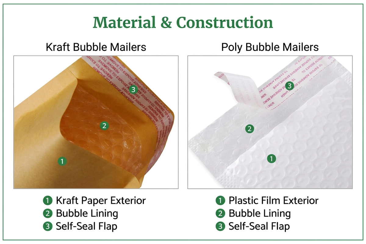 Kraft and poly bubble mailer exteriors and bubble lining.webp