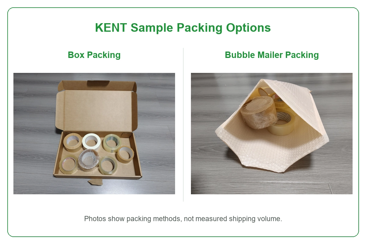 Tape samples in an open box and a bubble mailer.webp