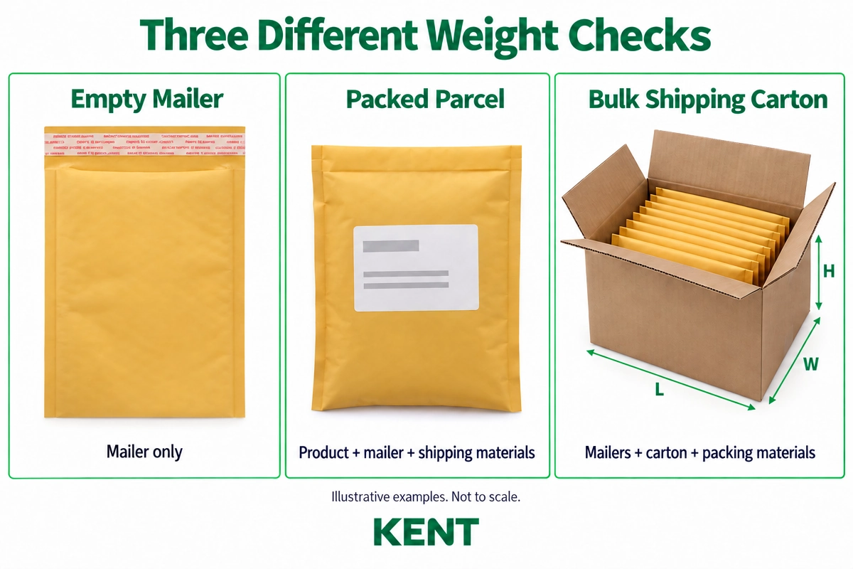 Empty bubble mailer, packed parcel and bulk carton weight considerations.webp