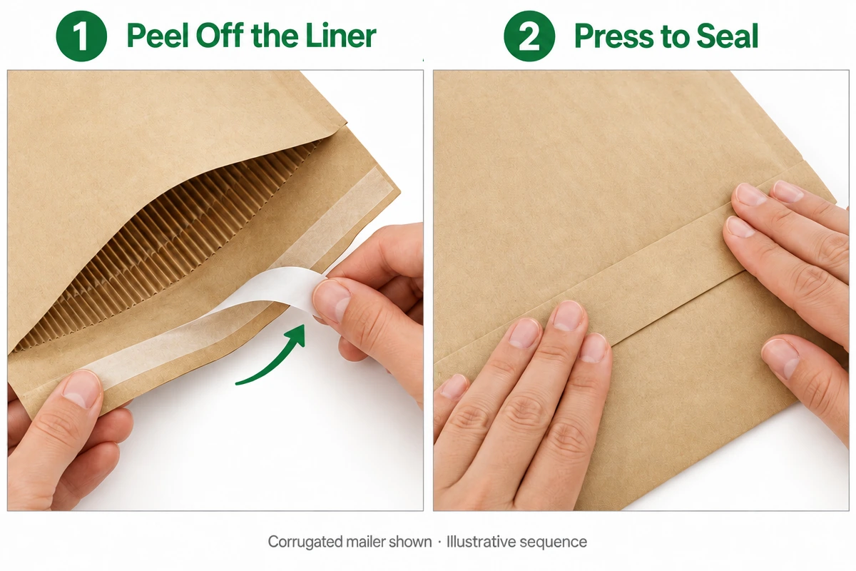 Peeling and sealing a corrugated padded mailer.webp