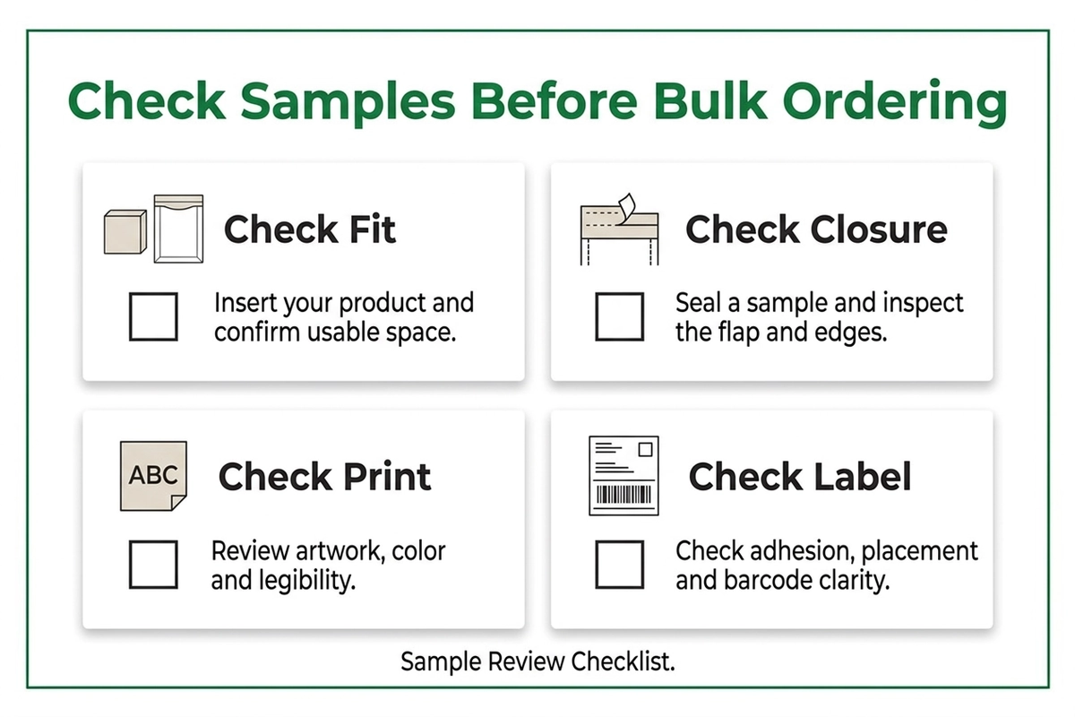 Bubble mailer sample checks for fit closure print and labels.webp