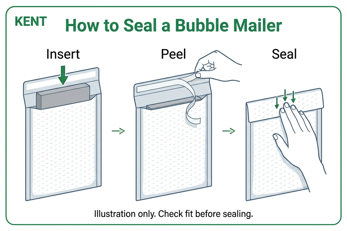 Illustration of inserting an item and peeling and sealing a bubble mailer.webp