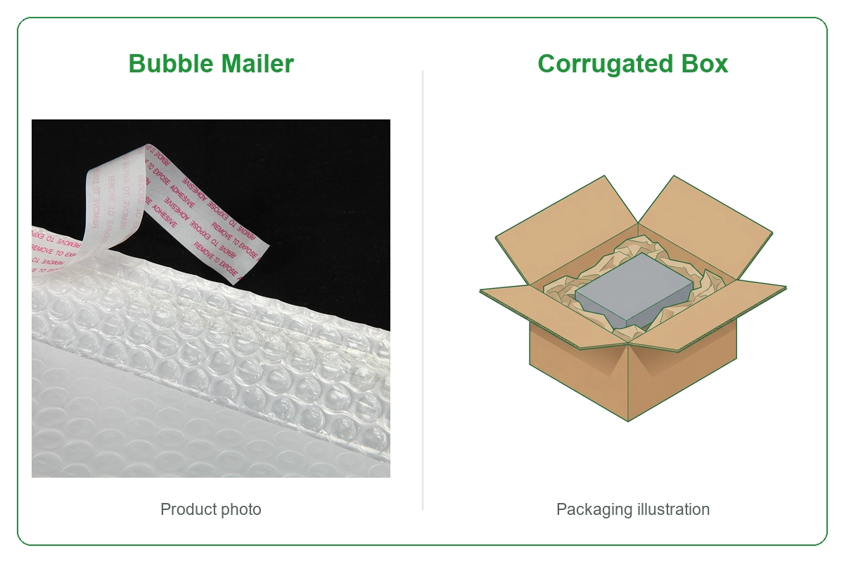 Bubble mailer lining beside a corrugated box cushioning illustration.webp