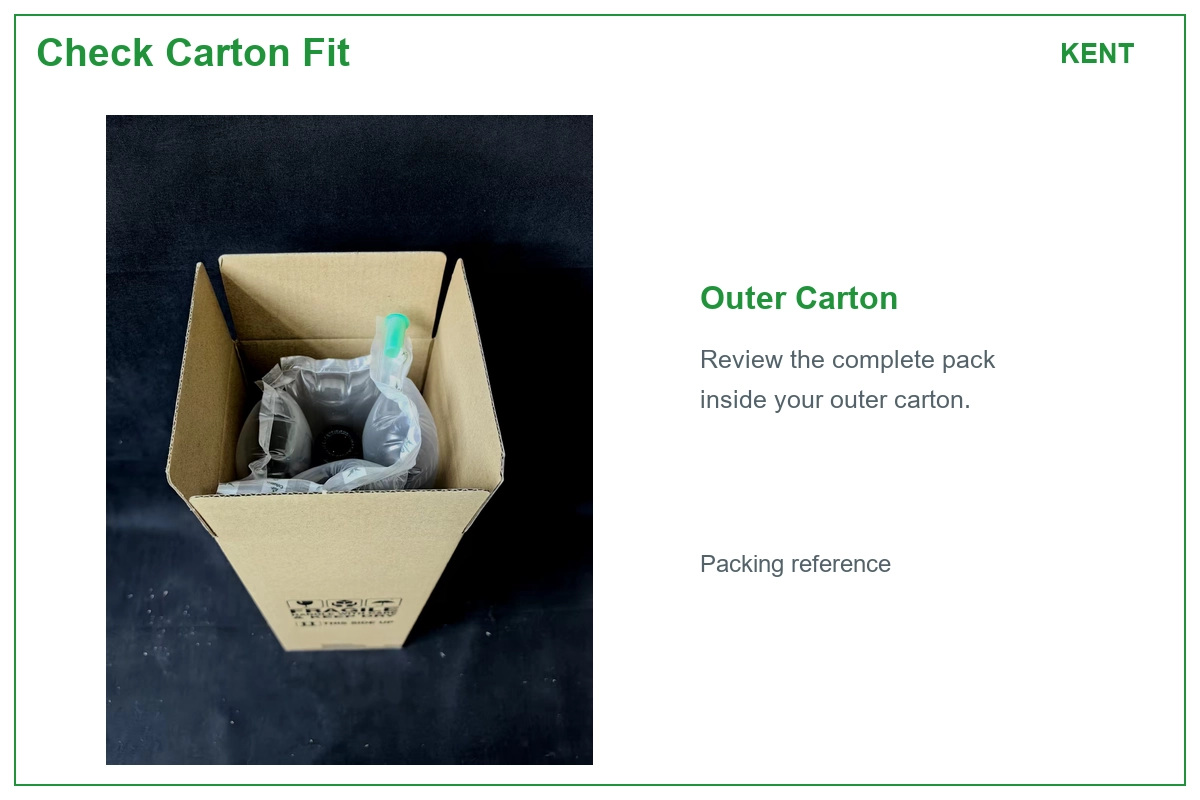 Air column cushioning around a bottle inside an open carton.webp